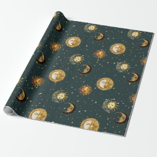 Goldene himmlische Sonne Mond Sterne Mitternachtsb Geschenkpapier