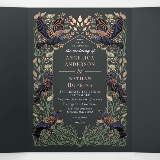 Goldene Hochzeit der verzauberten gotischen Raven- Dreifach Gefaltete Einladung (Innenseite Mitte)