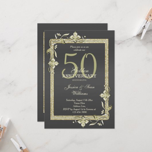 Goldene Hochzeit & Glitzer 50. Goldene Hochzeit Einladung (Vorderseite/Rückseite Beispiel)