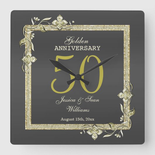 Goldene Hochzeit & Glitzer 50. Goldene Hochzeit Quadratische Wanduhr (Vorderseite)