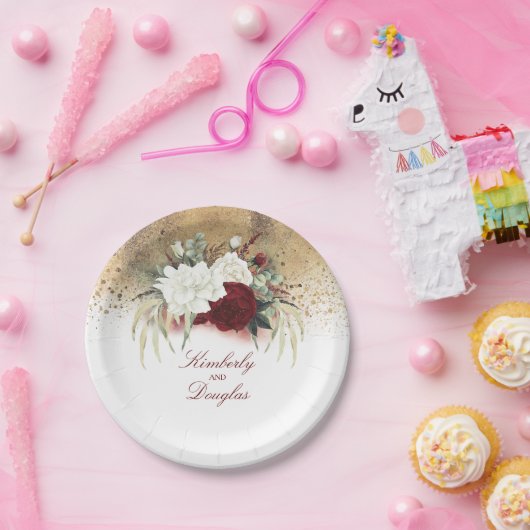 Goldene Hochzeit in Burgund Rot und Weiß Blume Pappteller (Party)