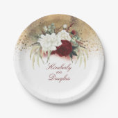 Goldene Hochzeit in Burgund Rot und Weiß Blume Pappteller (Vorderseite)