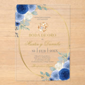 Goldene Hochzeit mit blauer Blume Acryleinladungen (Vorderseite)