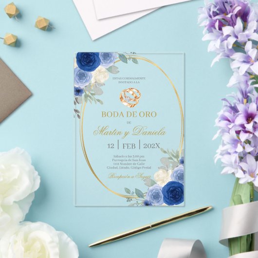 Goldene Hochzeit mit blauer Blume Acryleinladungen (In Situ (Hochzeit))