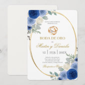 Goldene Hochzeit mit blauer Blume Einladung (Vorne/Hinten)