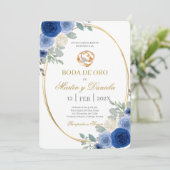 Goldene Hochzeit mit blauer Blume Einladung (Stehend Vorderseite)