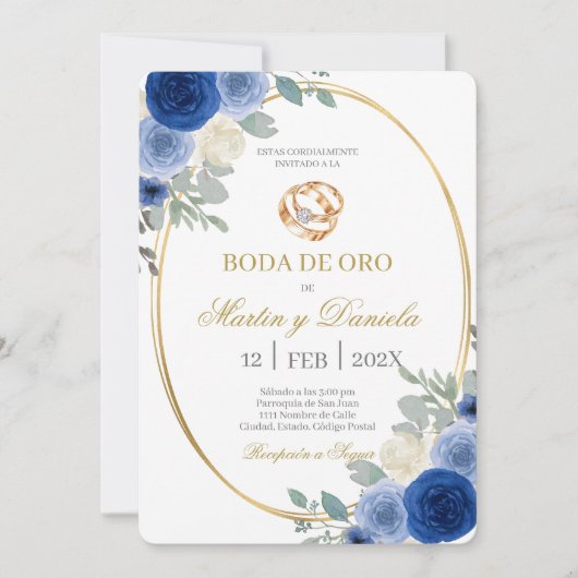 Goldene Hochzeit mit blauer Blume Einladung (Vorderseite)