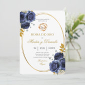 Goldene Hochzeit mit Boho-Blau Einladung (Stehend Vorderseite)