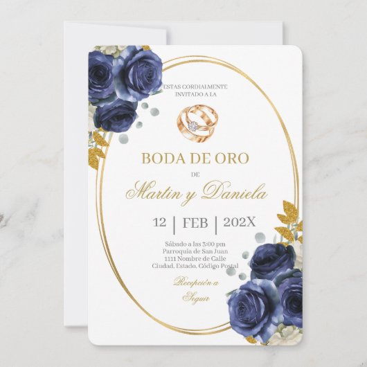Goldene Hochzeit mit Boho-Blau Einladung (Vorderseite)