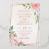 Goldene Hochzeit von Pink Watercolor Floral Geomet Folieneinladung (Vorderseite)