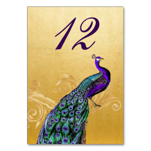 Goldene Hochzeitstisch-Nummernkarte mit Pfau Tischnummer