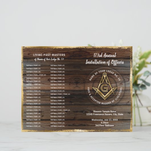 Goldene Holzbifold Masonic Programmvorlage (Stehend Vorderseite)