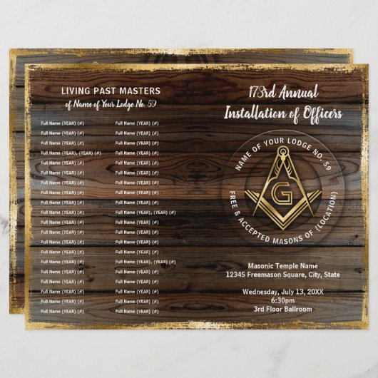Goldene Holzbifold Masonic Programmvorlage (Vorne/Hinten)