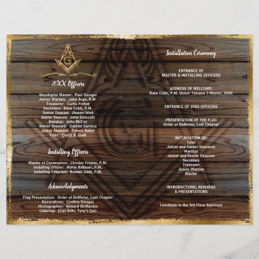 Goldene Holzbifold Masonic Programmvorlage (Rückseite)