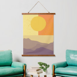 Goldene Horizonte: Ein Minimalistischer Sonnenunte Wandteppich Mit Holzrahmen