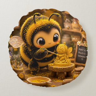 Goldene Hummel im Blütentanz.12 Rundes Kissen