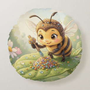 Goldene Hummel im Blütentanz.2 Rundes Kissen