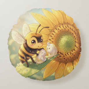 Goldene Hummel im Blütentanz.4 Rundes Kissen