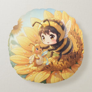 Goldene Hummel im Blütentanz.7 Rundes Kissen