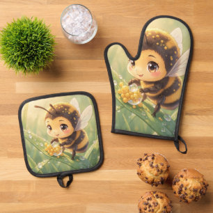 Goldene Hummel im Blütentanz.8 Ofenhandschuh & Topflappen-Set