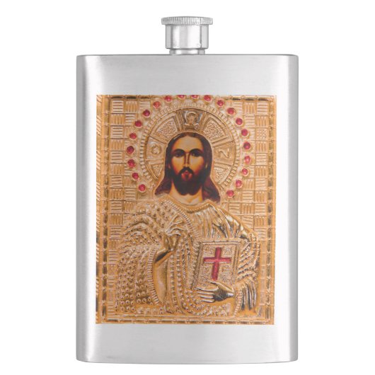 Goldene Ikone des Jesus Christus Flachmann (Vorderseite)