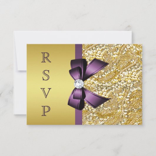 Goldene Imitate Sequenzen Diamonds Lila Bow UAWG RSVP Karte (Vorderseite)