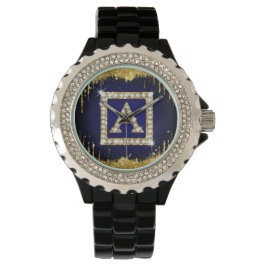 Goldene Initiale A Mit Blauem Glitter Armbanduhr