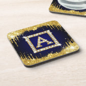 Goldene Initiale A mit blauem Glitter-Monogramm Getränkeuntersetzer (Linke Seite)