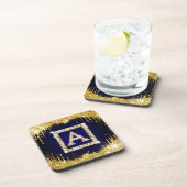 Goldene Initiale A mit blauem Glitter-Monogramm Getränkeuntersetzer (Rechte Seite)