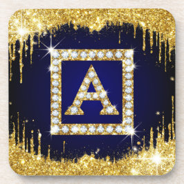 Goldene Initiale A mit blauem Glitter-Monogramm Getränkeuntersetzer