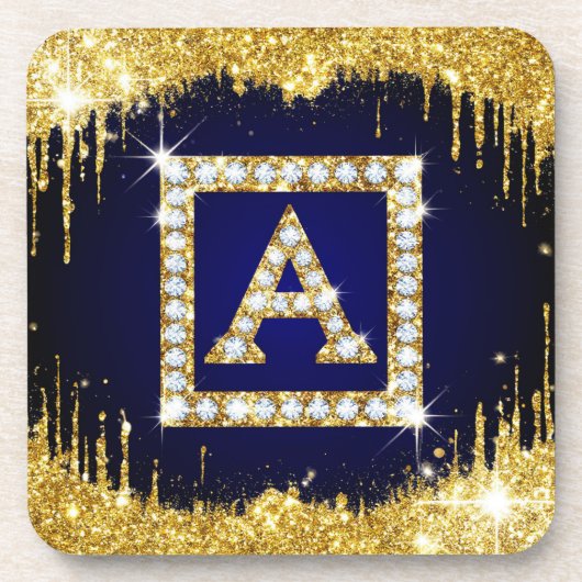 Goldene Initiale A mit blauem Glitter-Monogramm Getränkeuntersetzer (Vorderseite)
