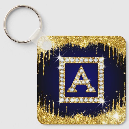 Goldene Initiale A mit blauem Glitter-Monogramm Schlüsselanhänger (Vorderseite)
