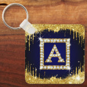 Goldene Initiale A mit blauem Glitter-Monogramm Schlüsselanhänger (Vorderseite)