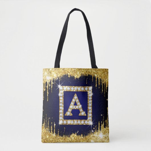 Goldene Initiale A mit blauem Glitter-Monogramm Tasche (Vorderseite)