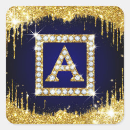 Goldene Initiale A Mit Blauem Glitter Quadratischer Aufkleber