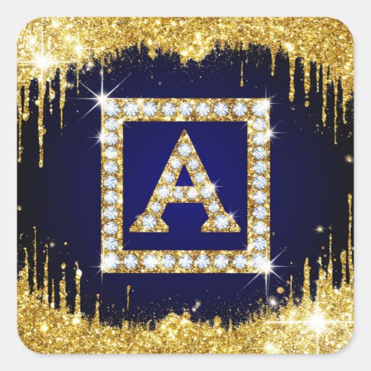 Goldene Initiale A Mit Blauem Glitter Quadratischer Aufkleber (Vorderseite)