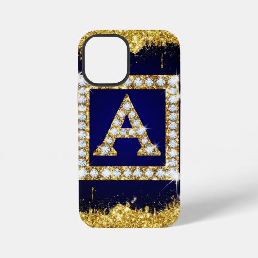 Goldene Initiale A mit blauem Glitterdruck iPhone Hülle (Rückseite)
