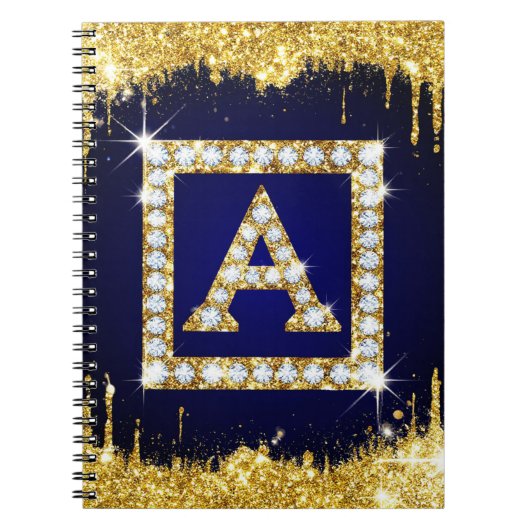 Goldene Initiale A mit blauem Glitterdruck Notizblock (Vorderseite)