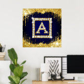Goldene Initiale A mit blauem Glitterdruck Poster (Heimbüro)
