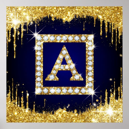 Goldene Initiale A mit blauem Glitterdruck Poster (Vorne)