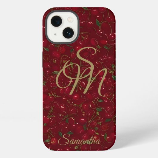 Goldene Initialen auf roter Frucht: Kirschmonogram iPhone Hülle (Rückseite)