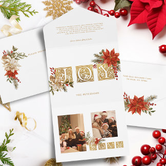 Goldene Joy Blockbriefe mit Poinsettias All In One Einladung