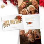 Goldene Joy Blockbriefe mit Poinsettias Dreifach Gefaltete Urlaubskarte<br><div class="desc">Eleganter "Joy"-Gruß in verziertem Gold beleuchtete mittelalterliche Briefe mit Haufen von bunten roten und weißen Poinsettien,  Evergreens und Heiligen mit goldenen Highlights. Enthält Bildvorlagen und bearbeitbare Textfelder.</div>