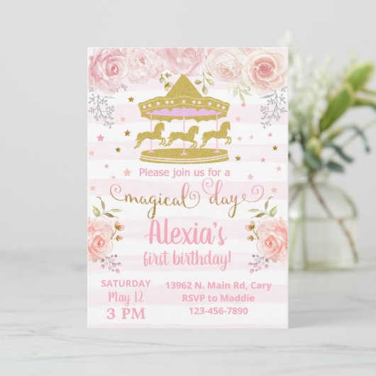 Goldene Karussell zum Geburtstag. Einladung (Stehend Vorderseite)