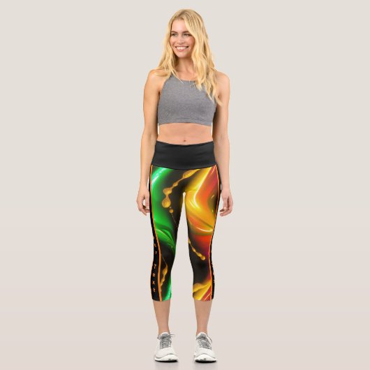 Goldene Kaskade: Abstrakt glühende, flüssige Neon Capri Leggings (Vorderseite)