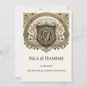 Goldene keltische Monogramm-Hochzeitseinladungskar Save The Date