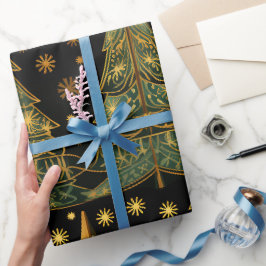 Goldene Kiefern auf Mitternachts-Geschenkpapier Geschenkpapier