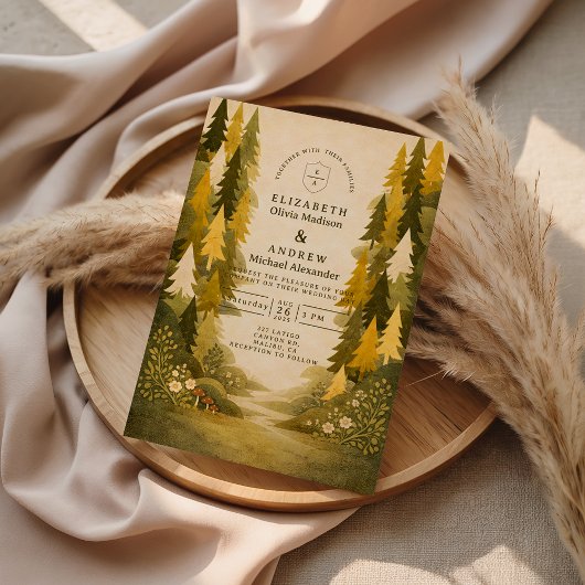 Goldene Kiefernwald-Hochzeit Einladung