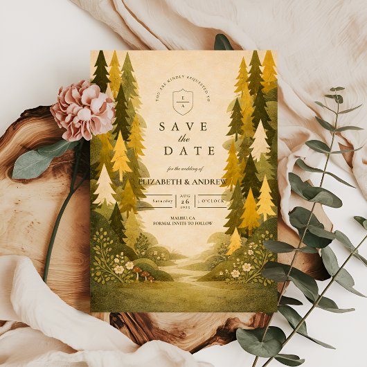 Goldene Kiefernwald-Hochzeit Save The Date