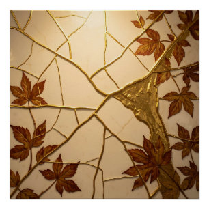 Goldene Kintsugi-Herbstblätter Marmor Poster